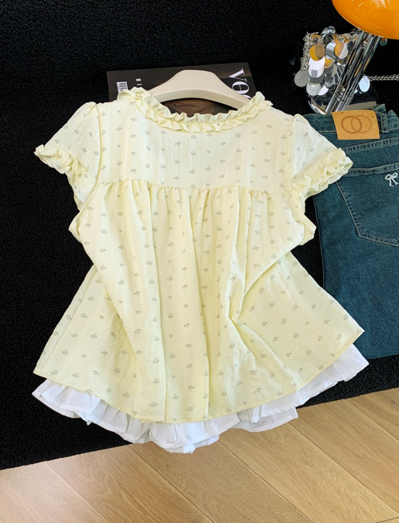 Pseudo-two splice shirt printing tops for women