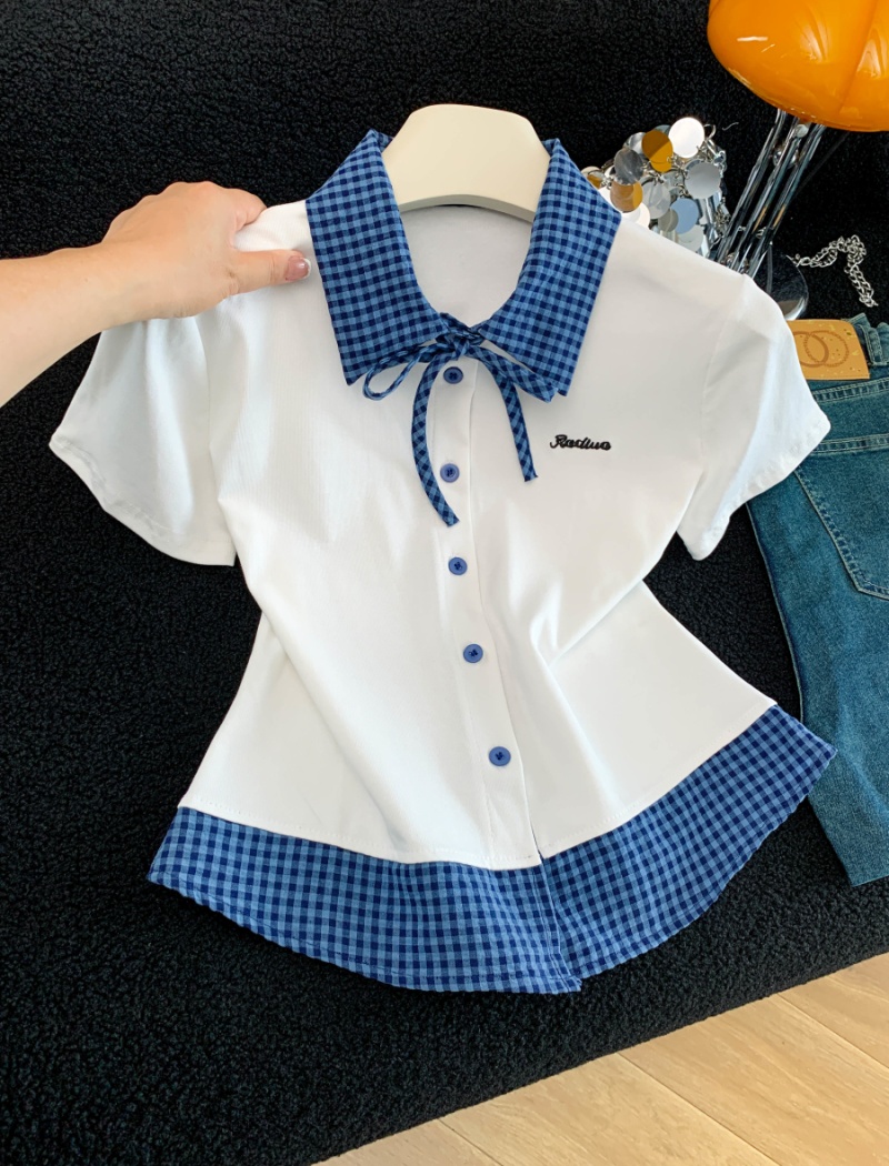 College style Pseudo-two T-shirt slim tops for women