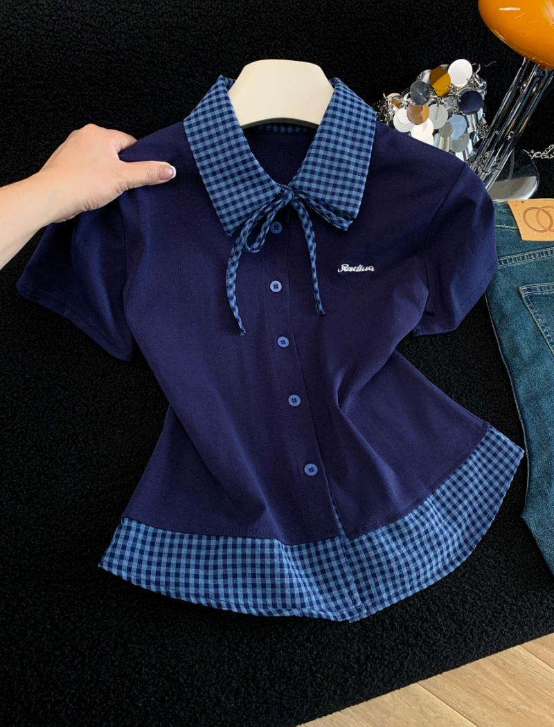 College style Pseudo-two T-shirt slim tops for women