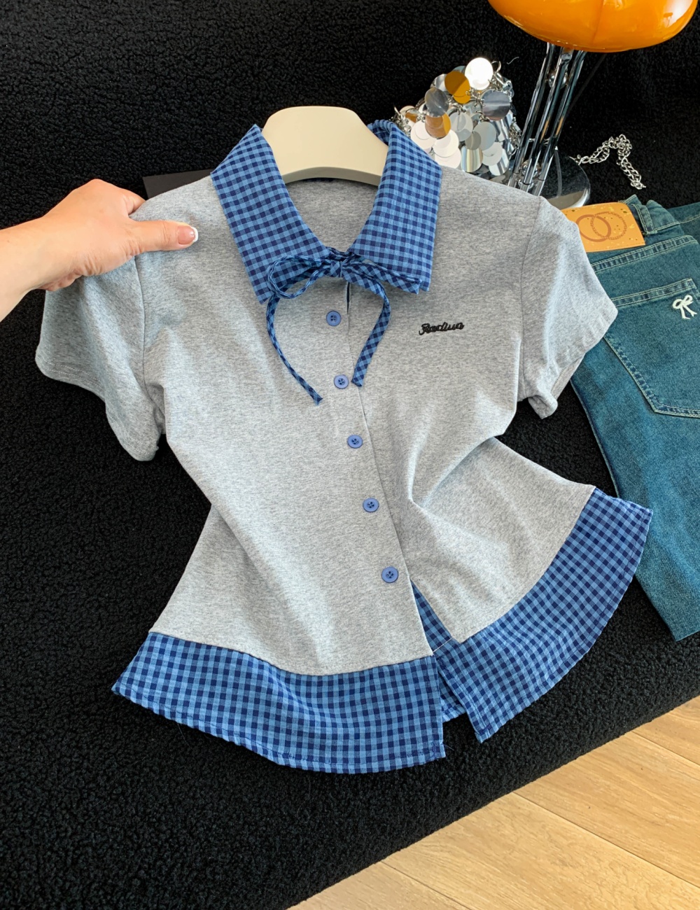 College style Pseudo-two T-shirt slim tops for women