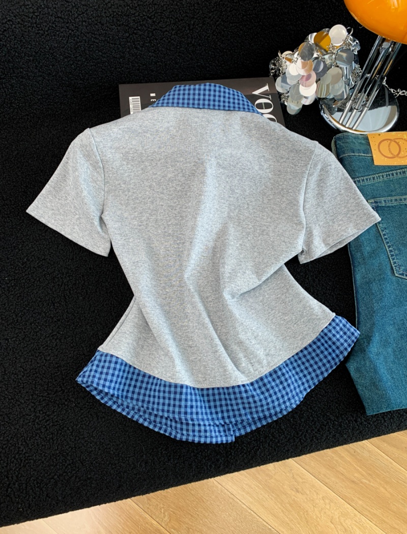 College style Pseudo-two T-shirt slim tops for women