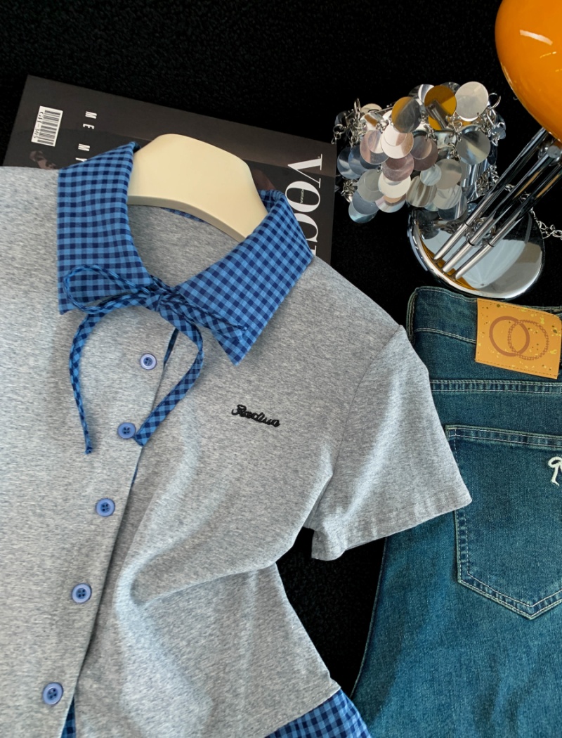 College style Pseudo-two T-shirt slim tops for women