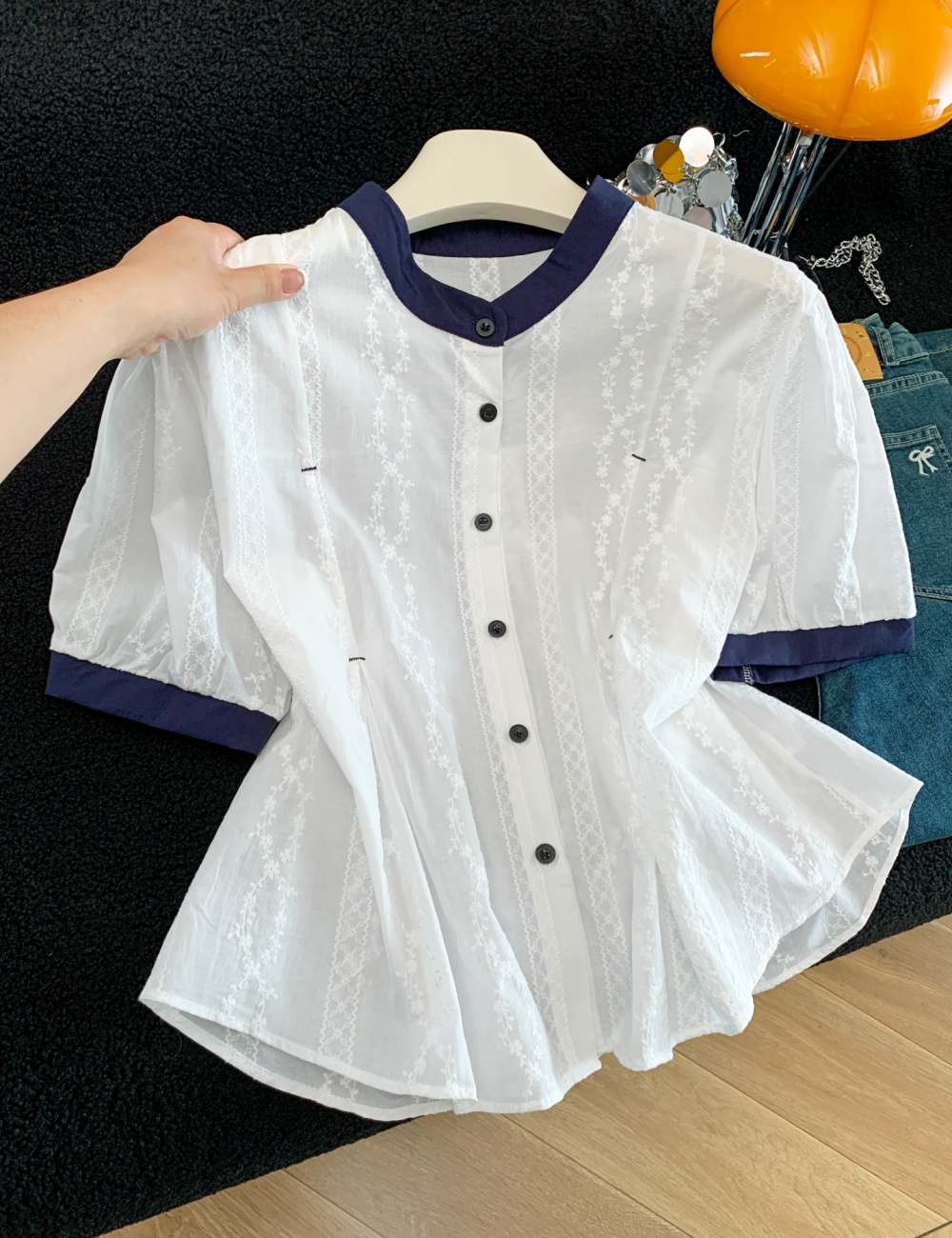 Jacquard short sleeve tops fashion all-match shirt for women