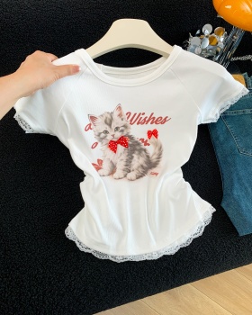 Short summer lace tops splice slim printing T-shirt