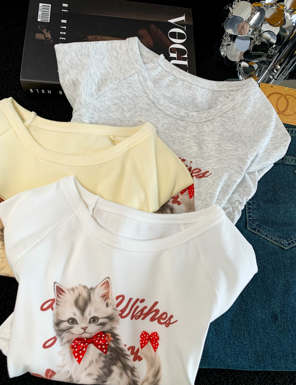 Short summer lace tops splice slim printing T-shirt