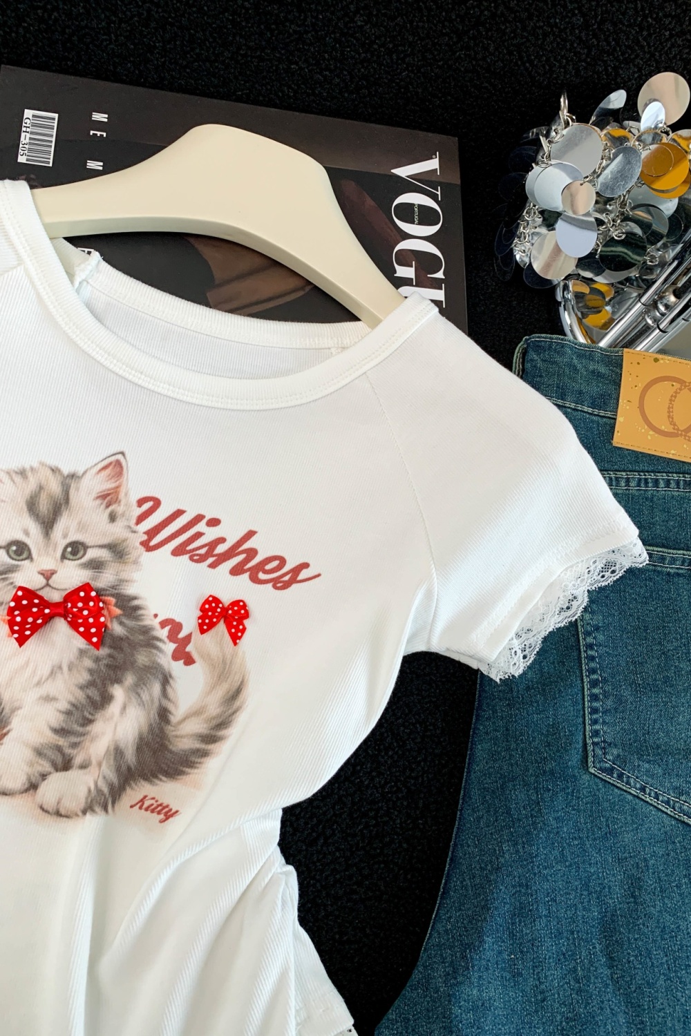 Short summer lace tops splice slim printing T-shirt