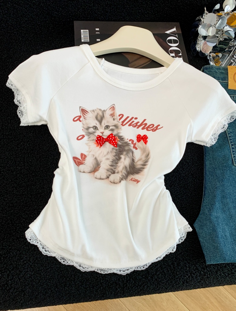 Short summer lace tops splice slim printing T-shirt