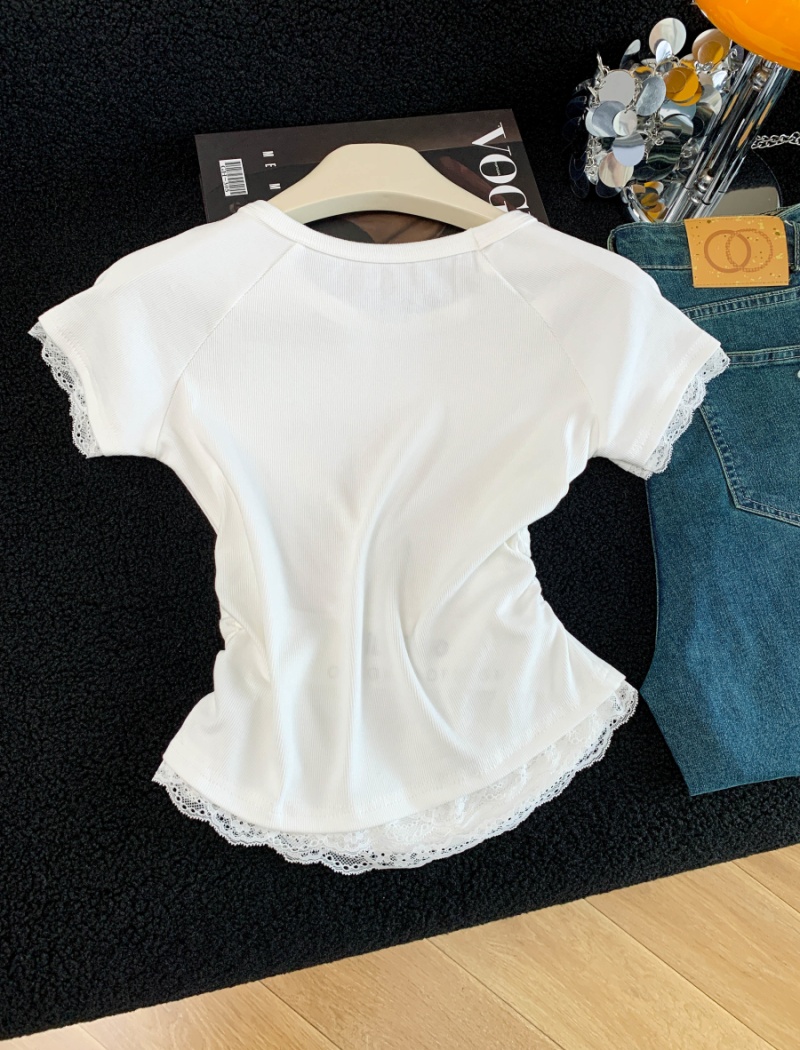 Short summer lace tops splice slim printing T-shirt