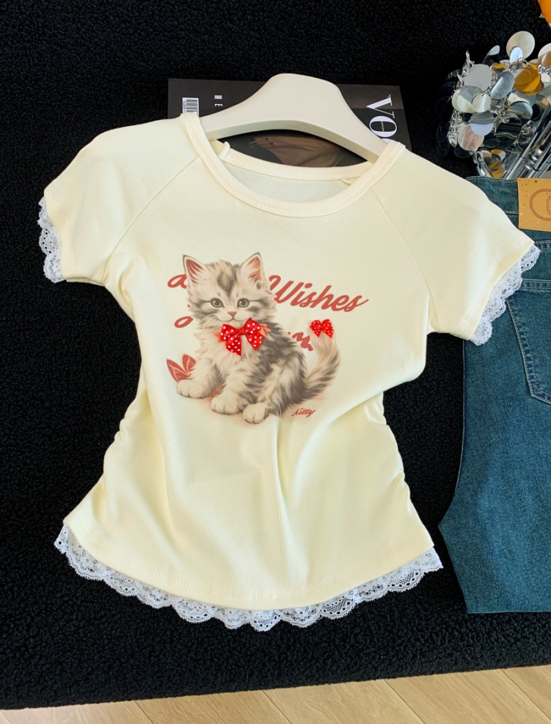 Short summer lace tops splice slim printing T-shirt