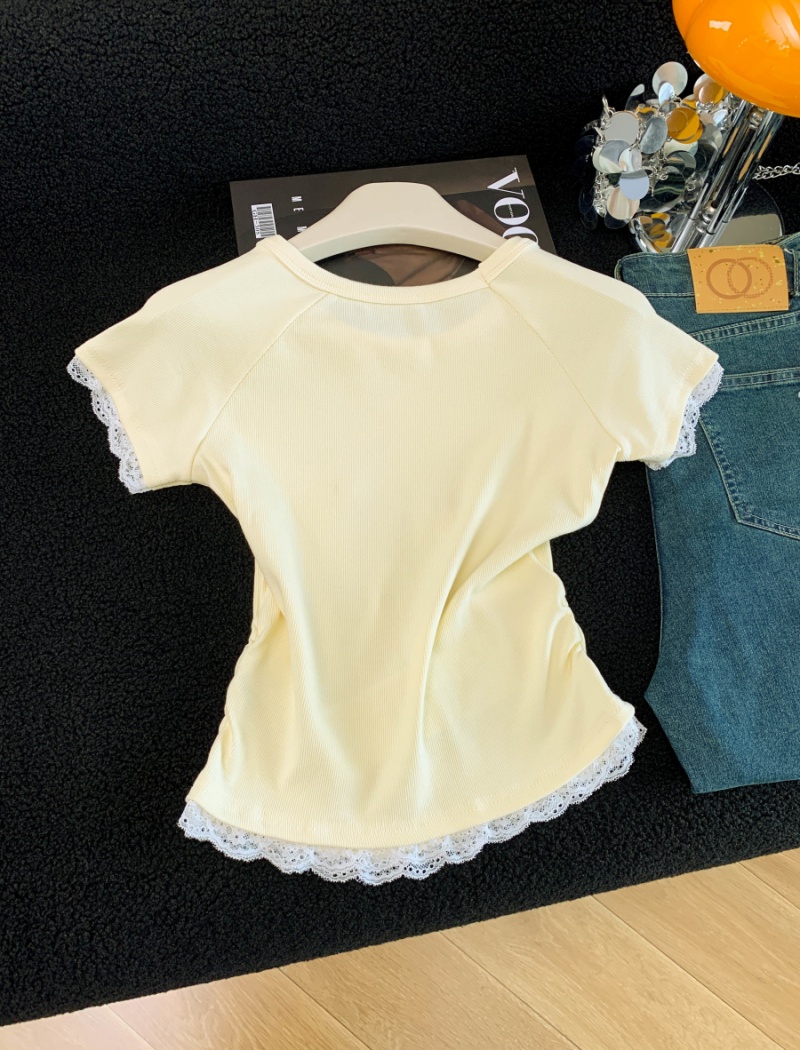 Short summer lace tops splice slim printing T-shirt