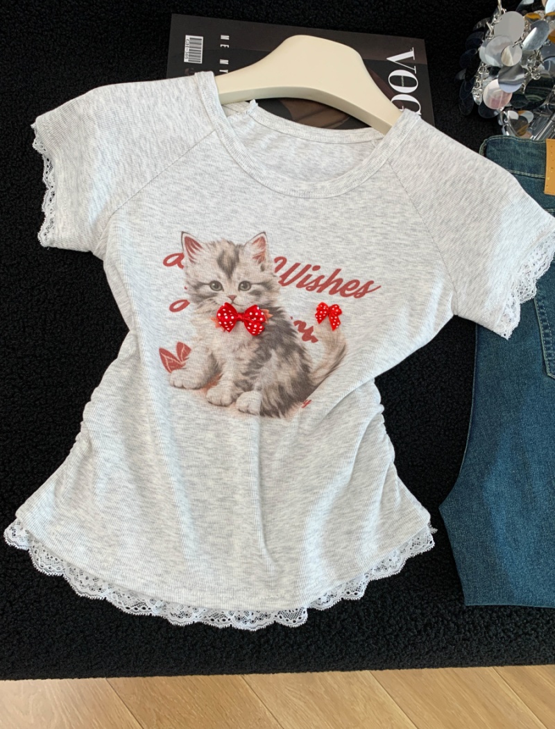 Short summer lace tops splice slim printing T-shirt