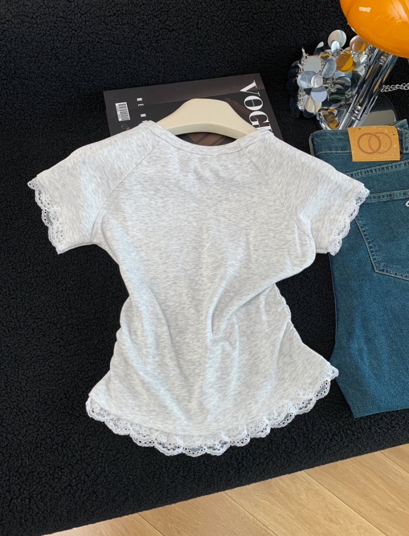 Short summer lace tops splice slim printing T-shirt