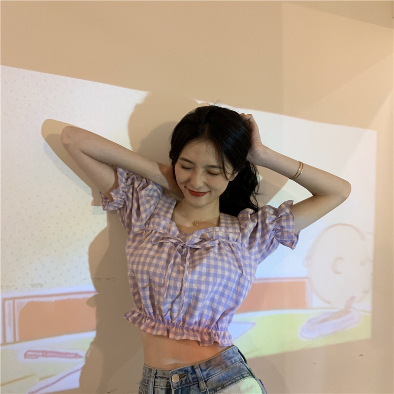 Summer square collar plaid shirt temperament short tops