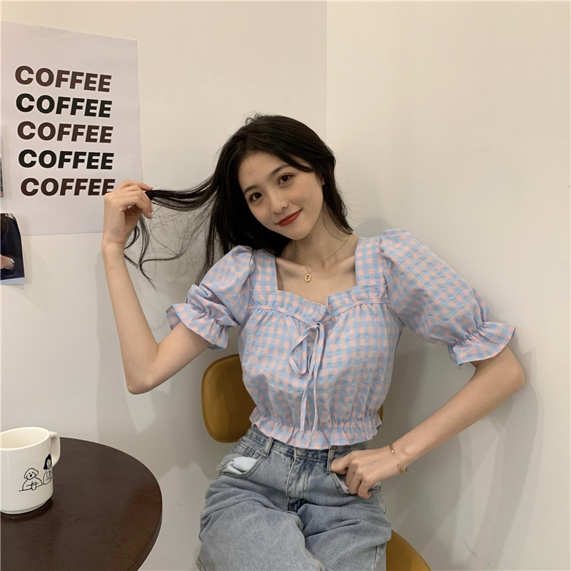Summer square collar plaid shirt temperament short tops