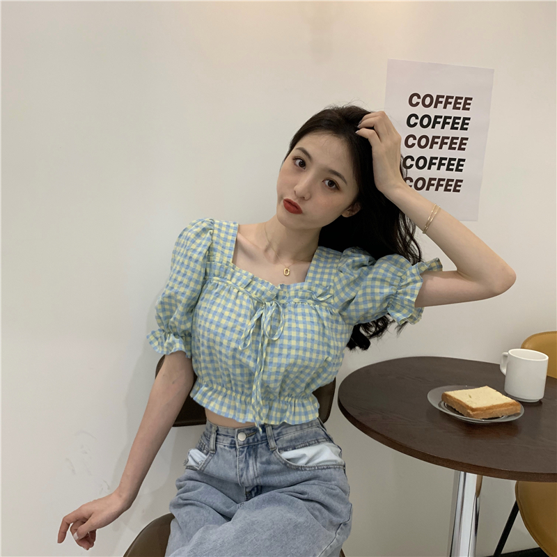 Summer square collar plaid shirt temperament short tops