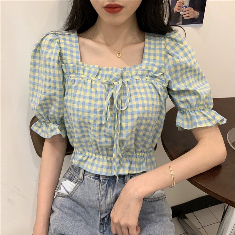 Summer square collar plaid shirt temperament short tops