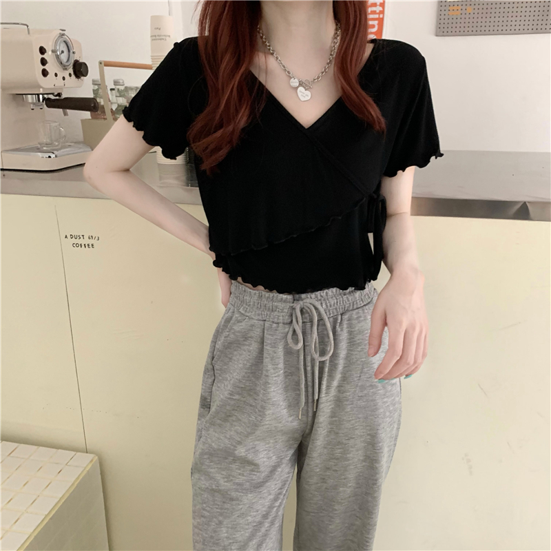Irregular slim short Korean style V-neck tops