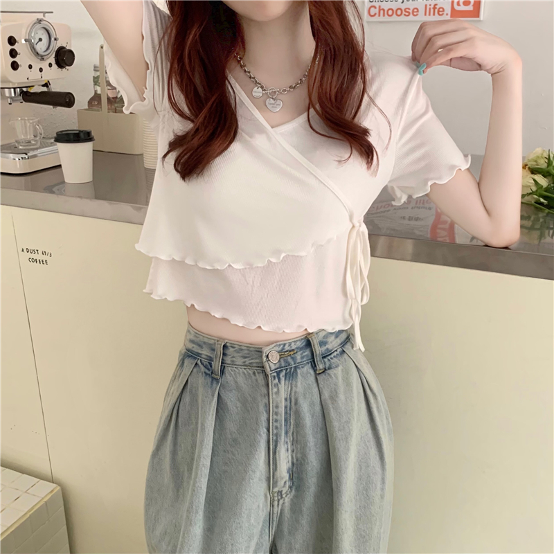 Irregular slim short Korean style V-neck tops