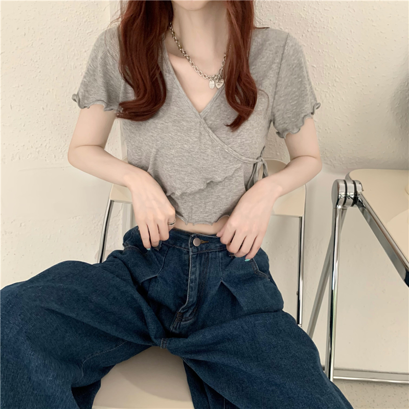Irregular slim short Korean style V-neck tops