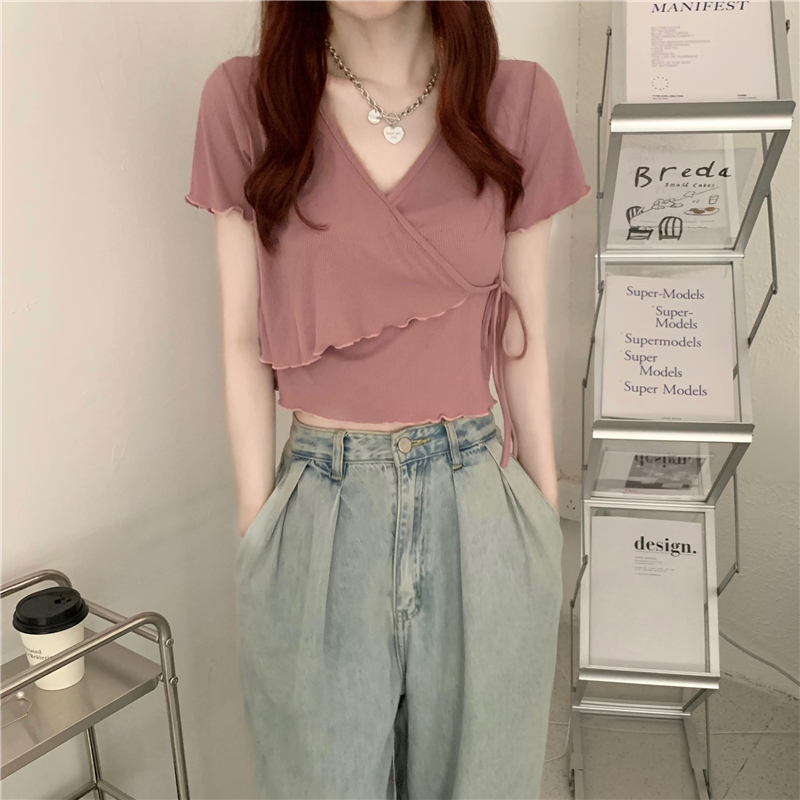 Irregular slim short Korean style V-neck tops