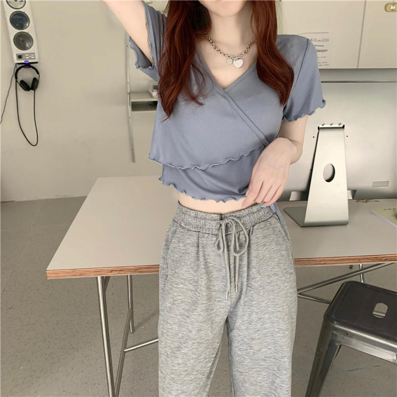 Irregular slim short Korean style V-neck tops