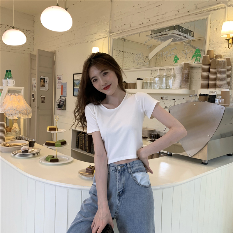 High waist slim T-shirt short sleeve tops for women