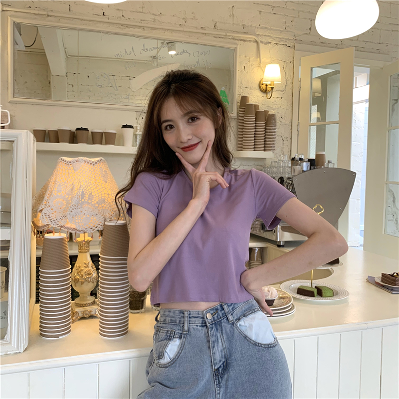 High waist slim T-shirt short sleeve tops for women