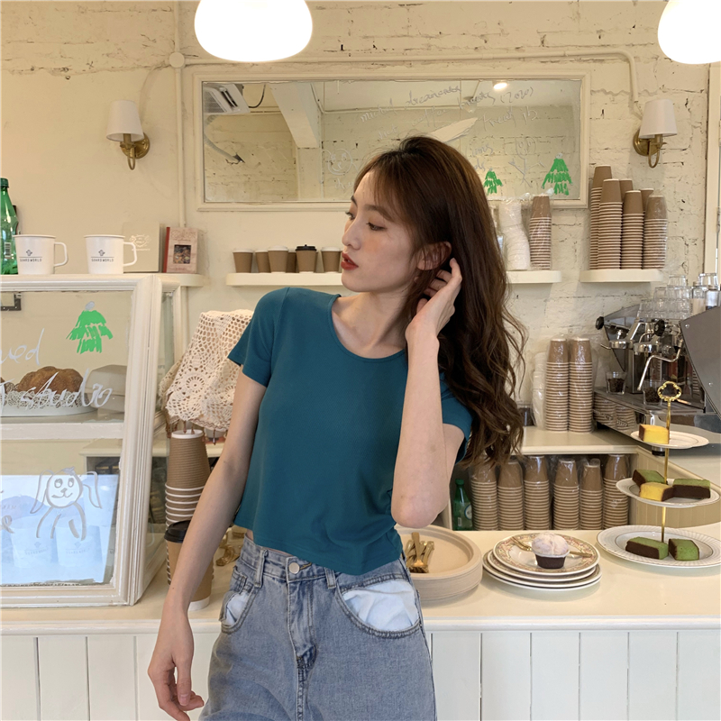 High waist slim T-shirt short sleeve tops for women