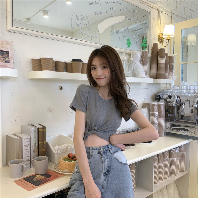 High waist slim T-shirt short sleeve tops for women