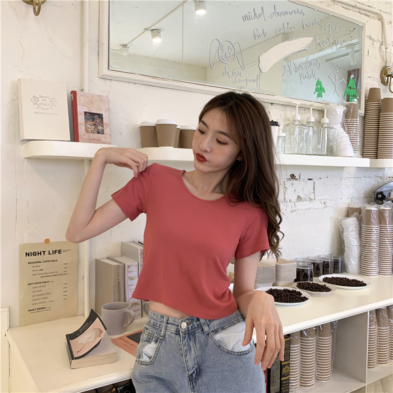 High waist slim T-shirt short sleeve tops for women