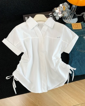 Summer loose tops drawstring white shirt
