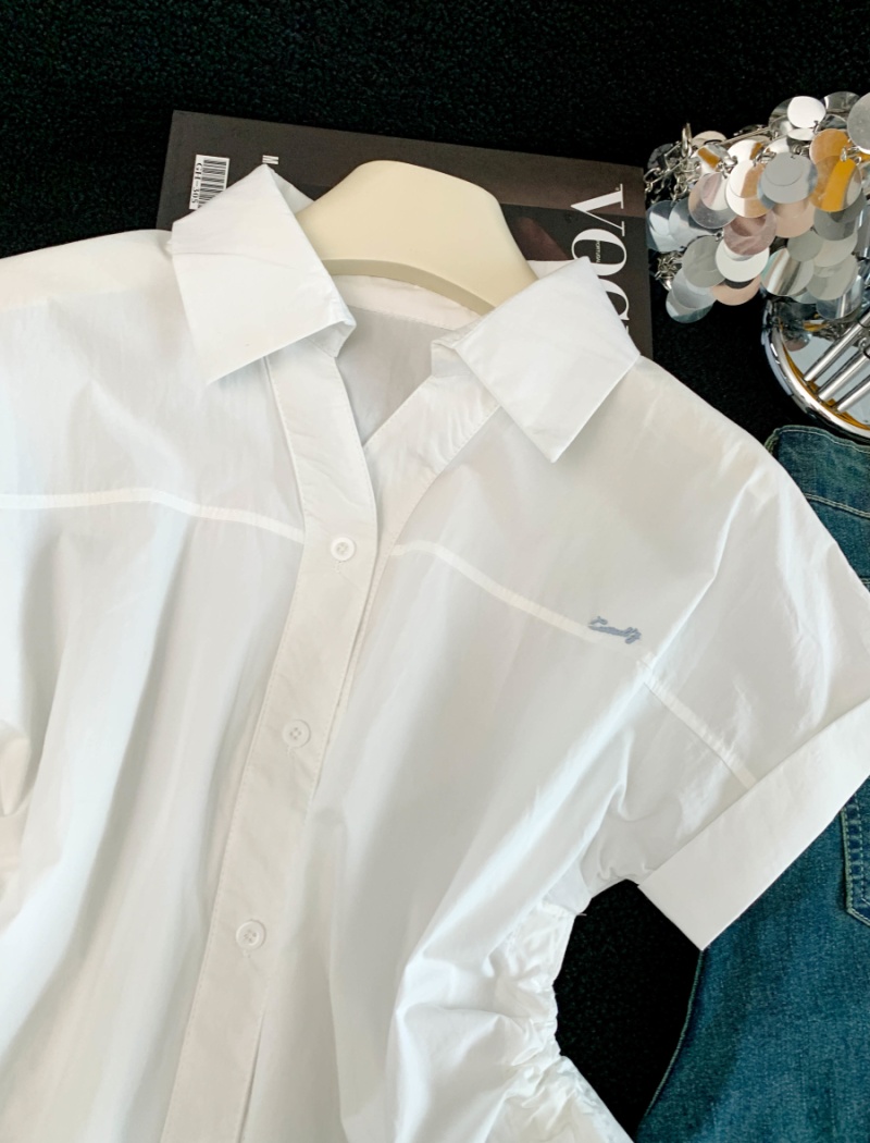 Summer loose tops drawstring white shirt