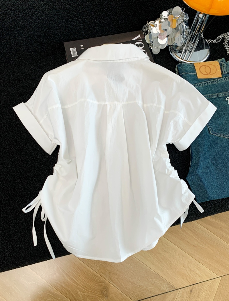 Summer loose tops drawstring white shirt