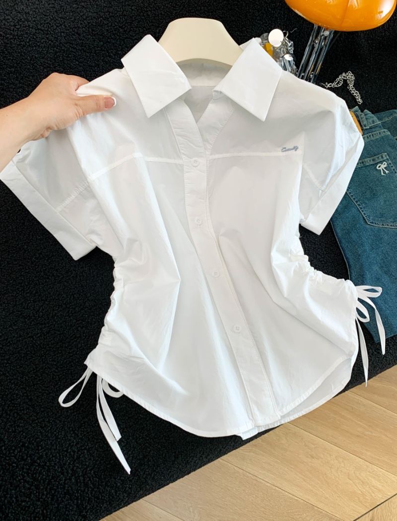 Summer loose tops drawstring white shirt