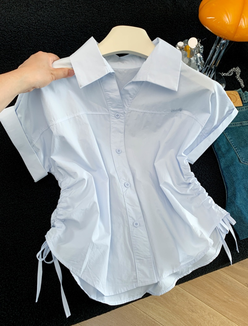 Summer loose tops drawstring white shirt