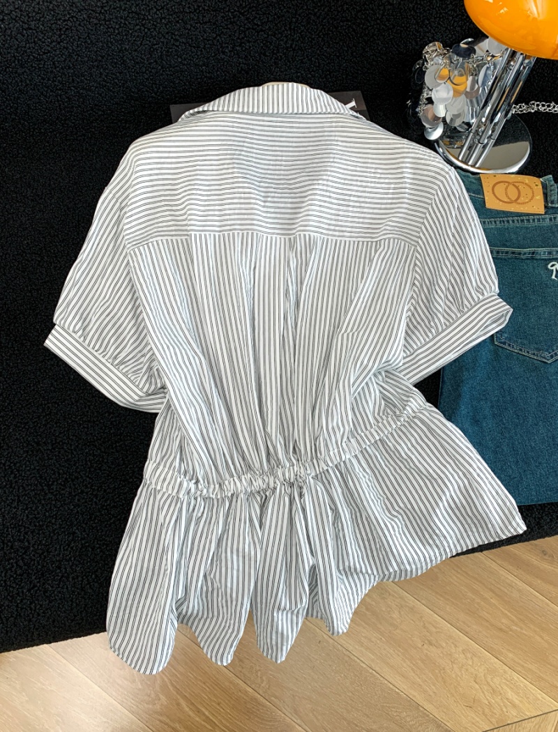 Casual short sleeve shirt pinched waist tops for women