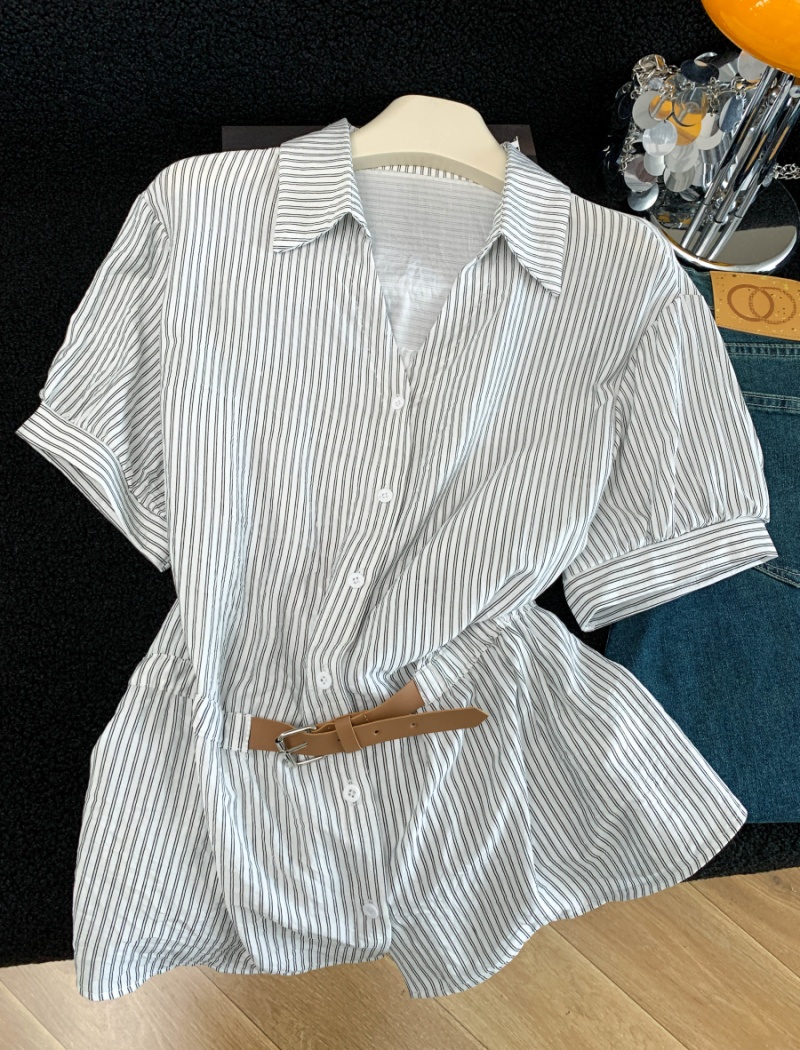 Casual short sleeve shirt pinched waist tops for women