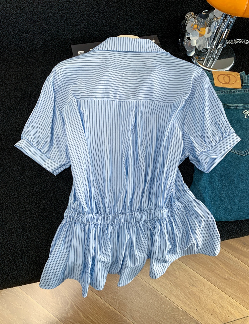 Casual short sleeve shirt pinched waist tops for women