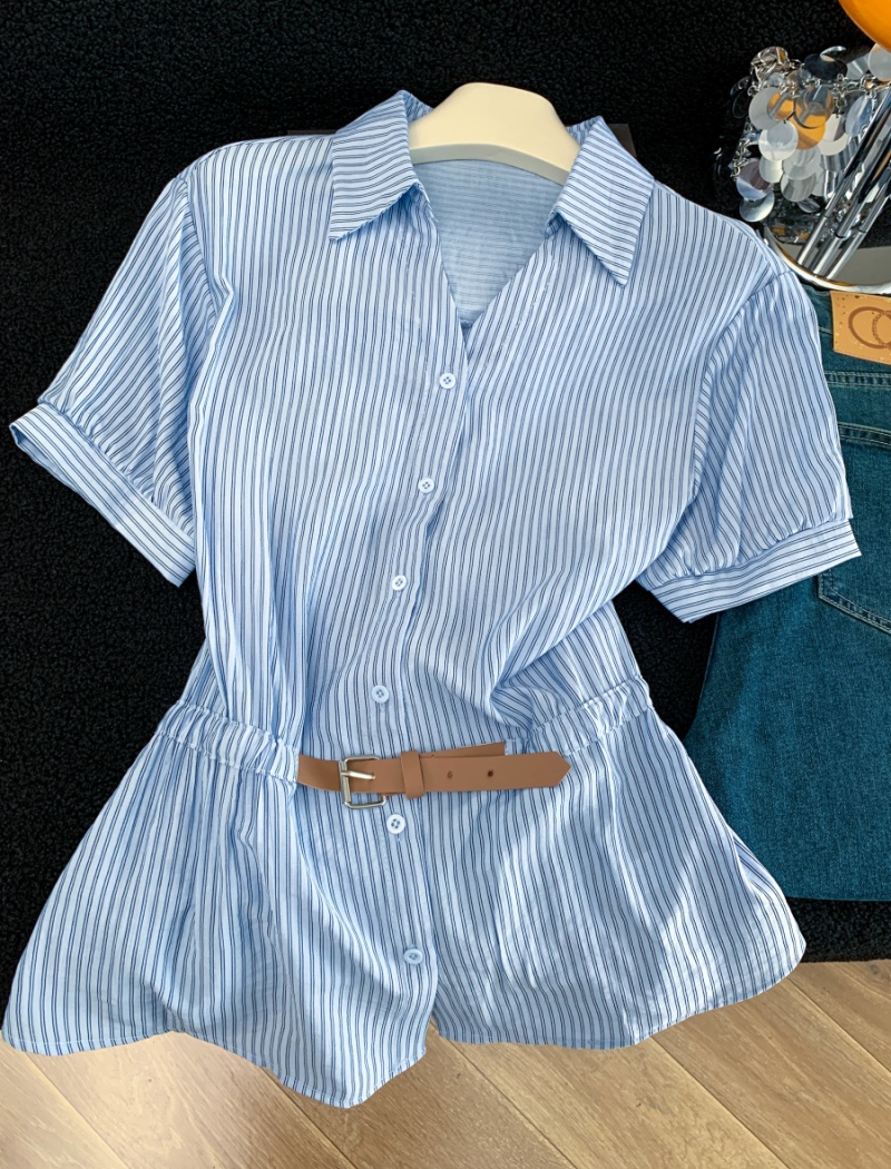 Casual short sleeve shirt pinched waist tops for women