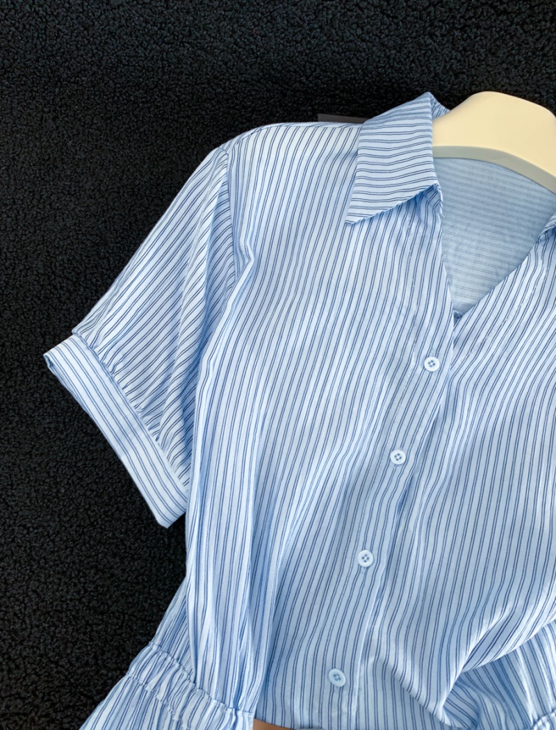 Casual short sleeve shirt pinched waist tops for women