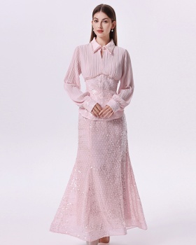 Sequins beading long skirt temperament mermaid skirt a set