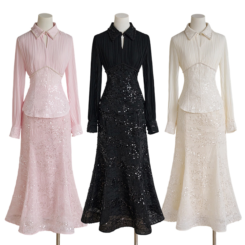 Sequins beading long skirt temperament mermaid skirt a set