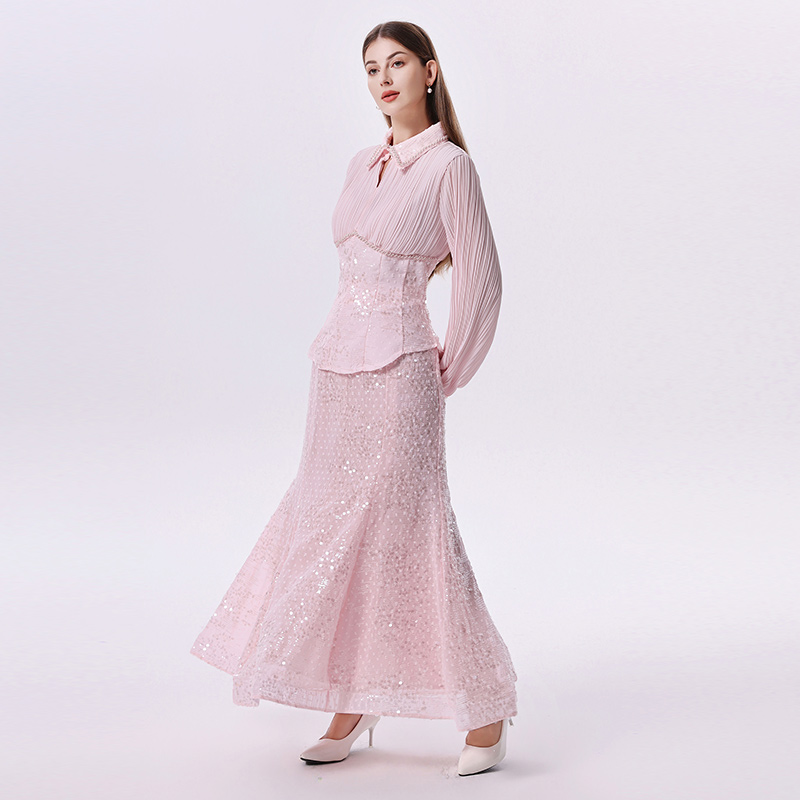 Sequins beading long skirt temperament mermaid skirt a set