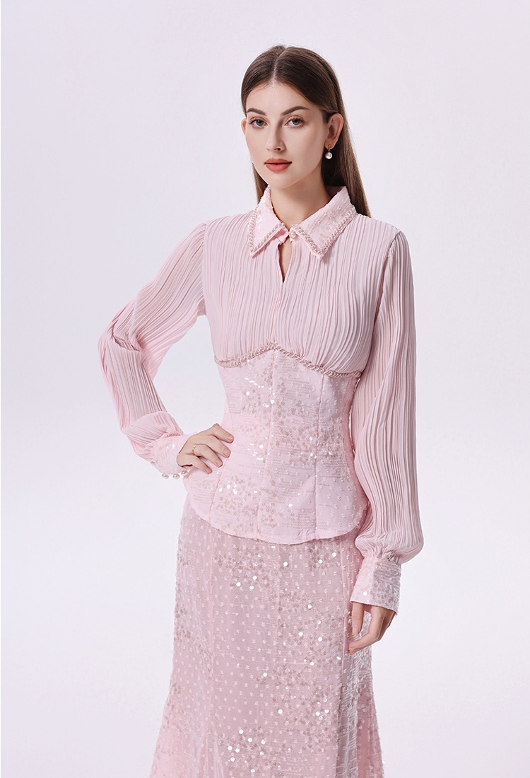 Sequins beading long skirt temperament mermaid skirt a set