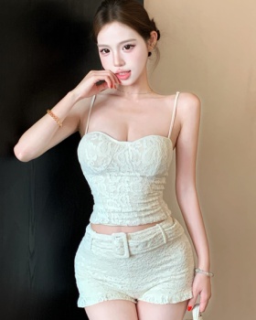 With belt sling lace shorts jacquard bud pants 2pcs set