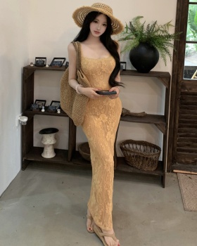 Sling square collar France style lace slim long dress for women