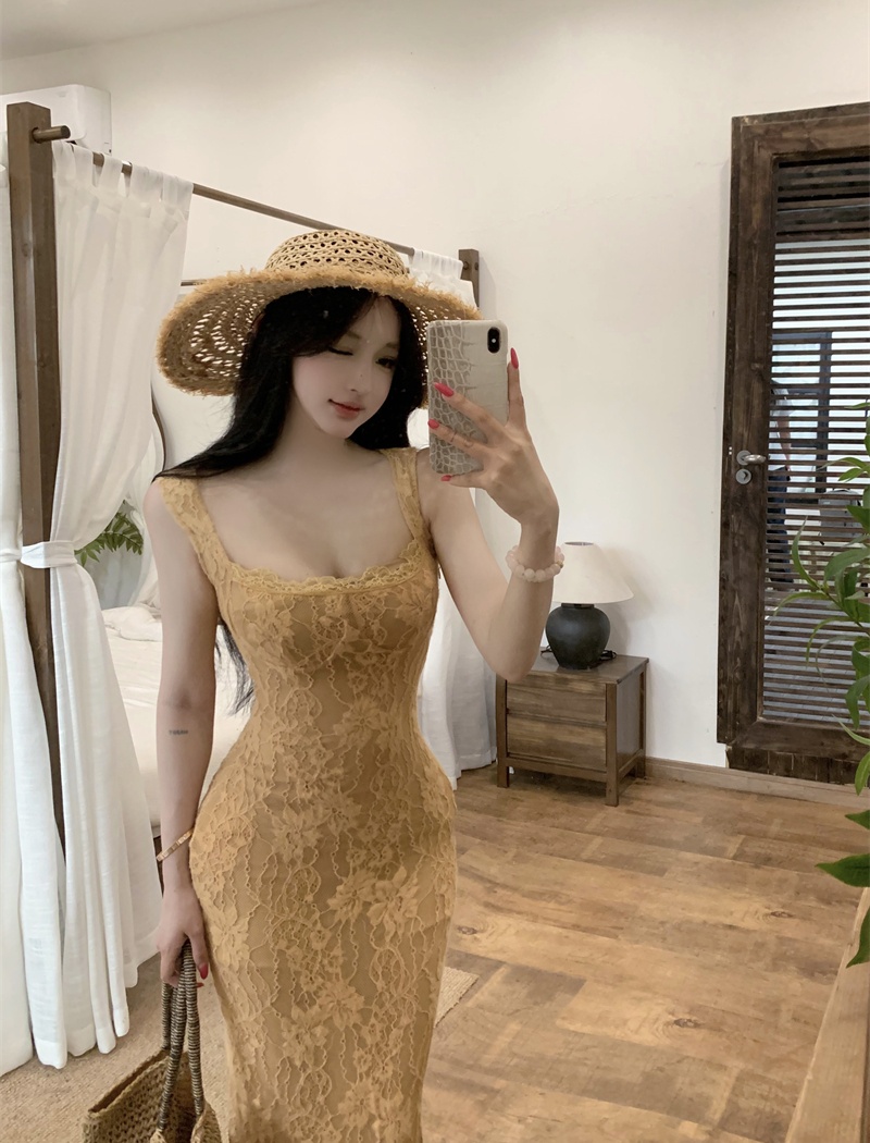 Sling square collar France style lace slim long dress for women