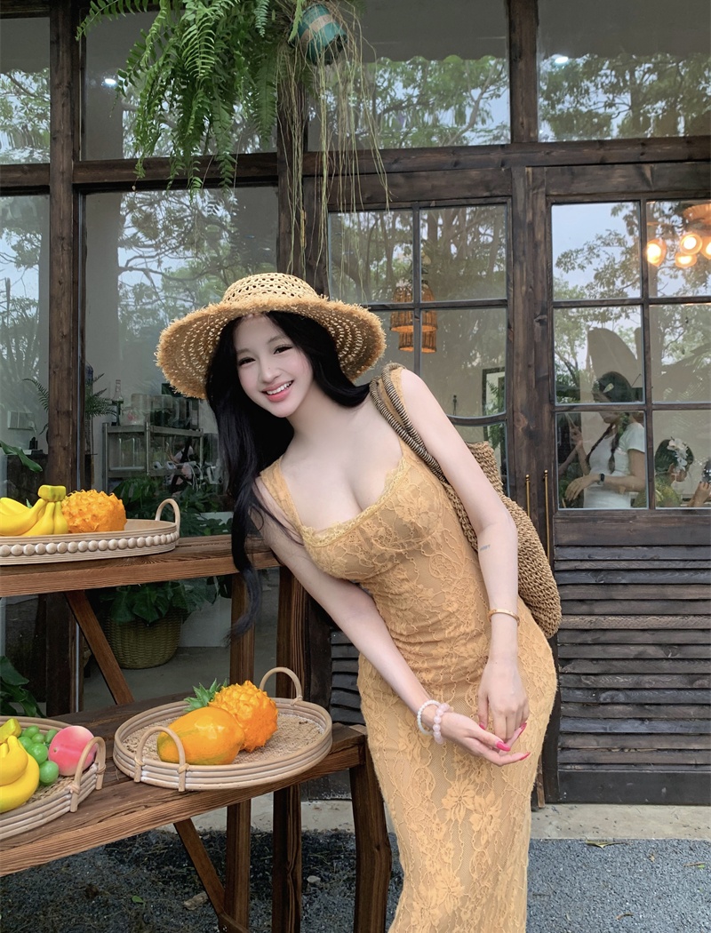 Sling square collar France style lace slim long dress for women