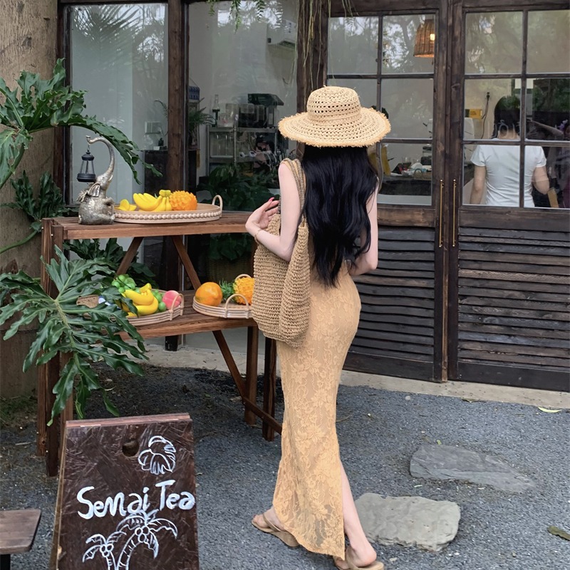 Sling square collar France style lace slim long dress for women