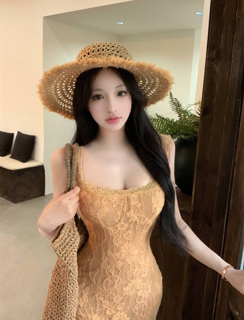 Sling square collar France style lace slim long dress for women